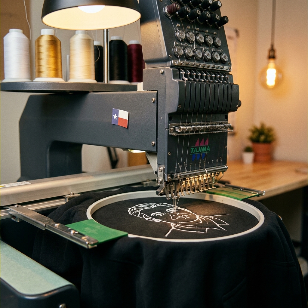 12-needle Tajima machine stitching a hoodie in our Houston, Texas studio
