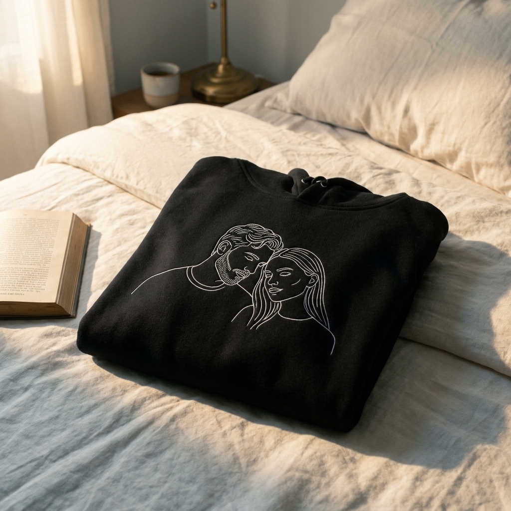 Orma hoodie with young couple embroidery, folded on a linen bed