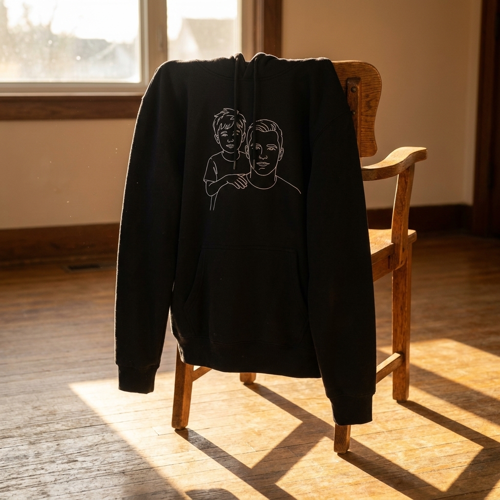 Orma hoodie with father and son embroidery, draped over an oak chair