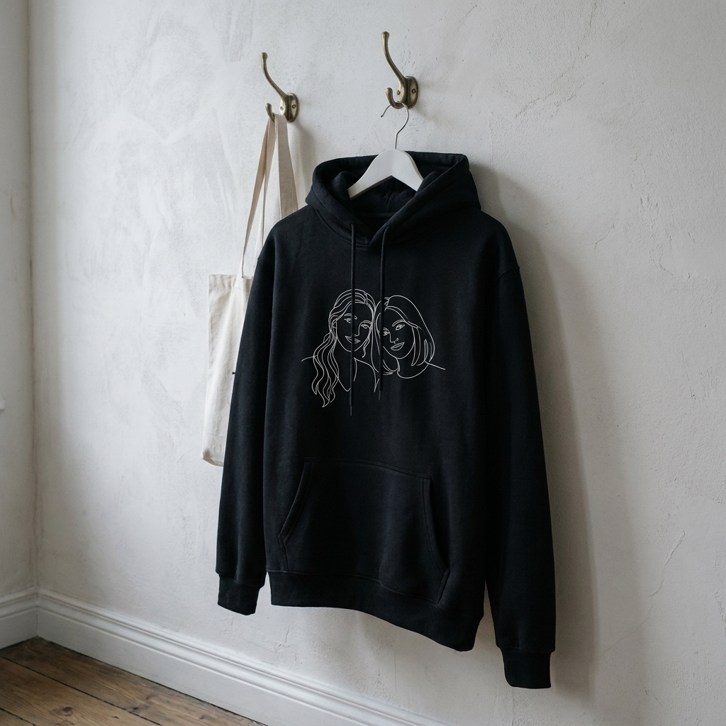 Orma hoodie with two sisters embroidery, hanging on a brass hook
