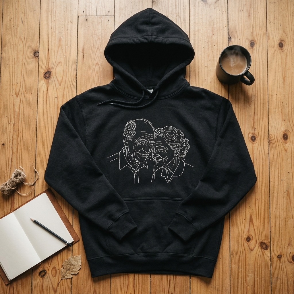 Orma hoodie with elderly couple embroidery, flat-laid on pine