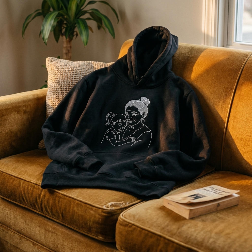 Orma hoodie with grandmother and granddaughter embroidery, on a velvet couch