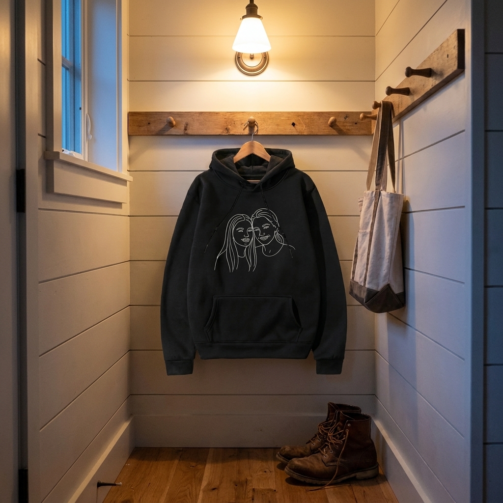 Orma hoodie with mother and teen daughter embroidery, in a mudroom