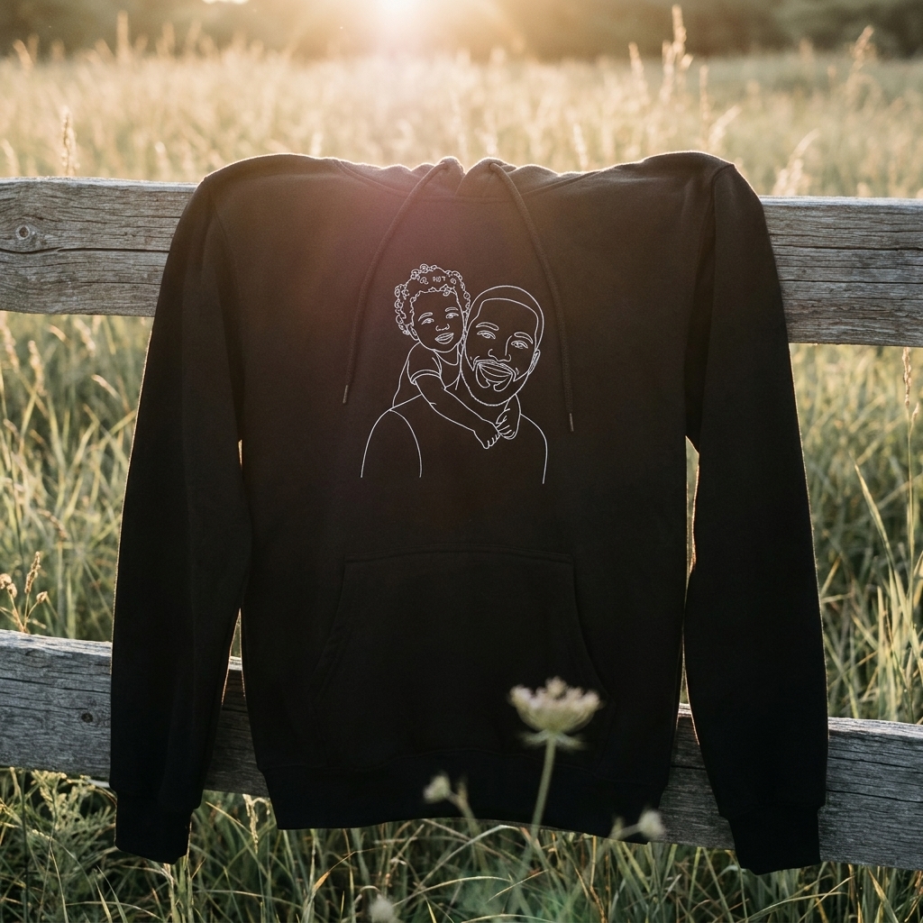 Orma hoodie with dad and toddler embroidery, draped over a fence
